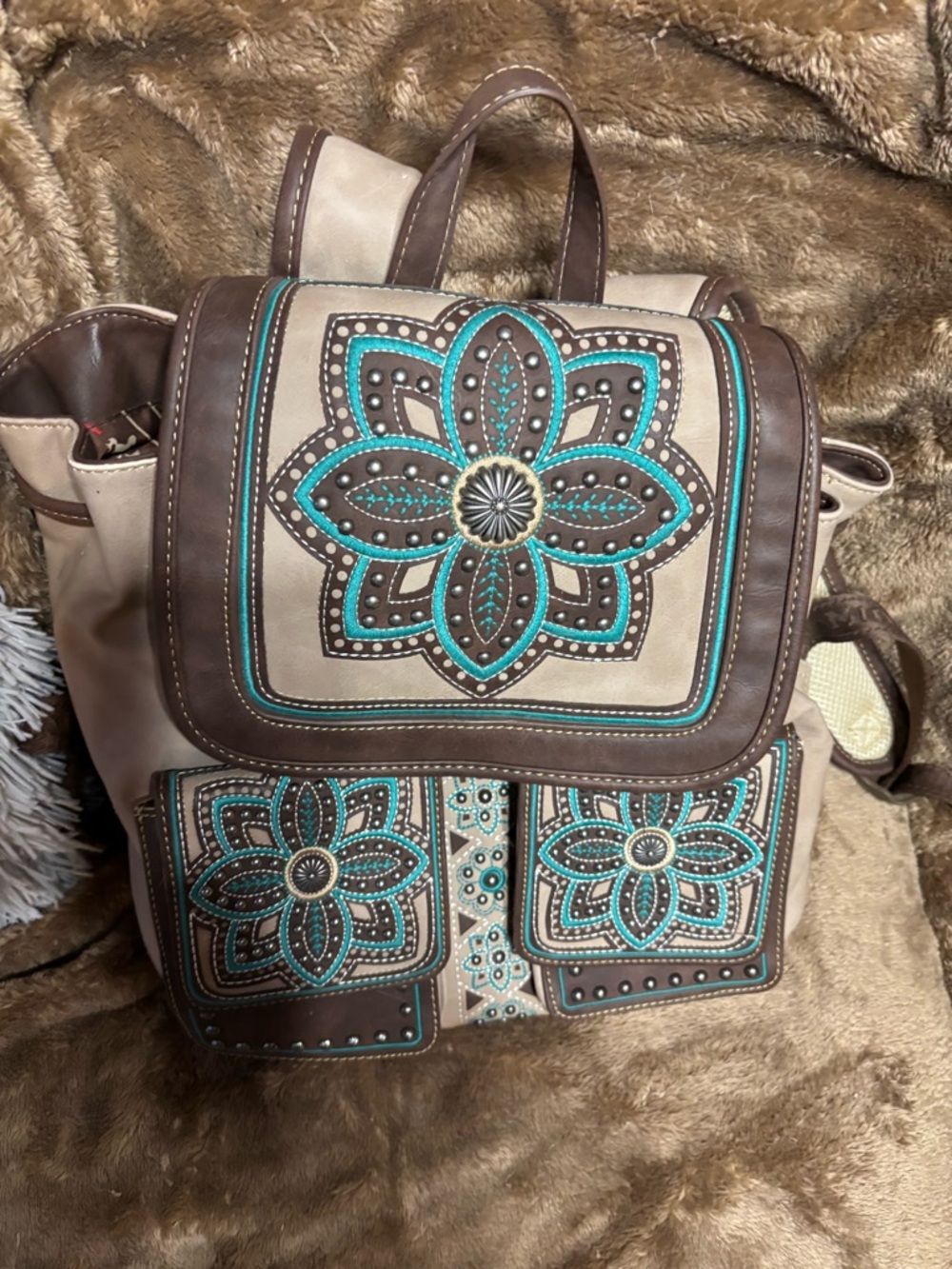 Montana West Teal & Brown Embroidered Floral Backpack - Picture 3 of 8